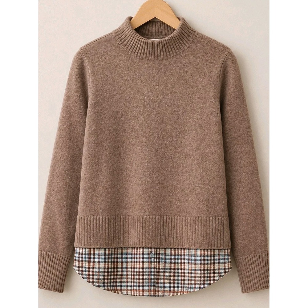 NWT Boutique Sweater Womens Large Layered Look Plaid Flannel Hem Cozy Preppy